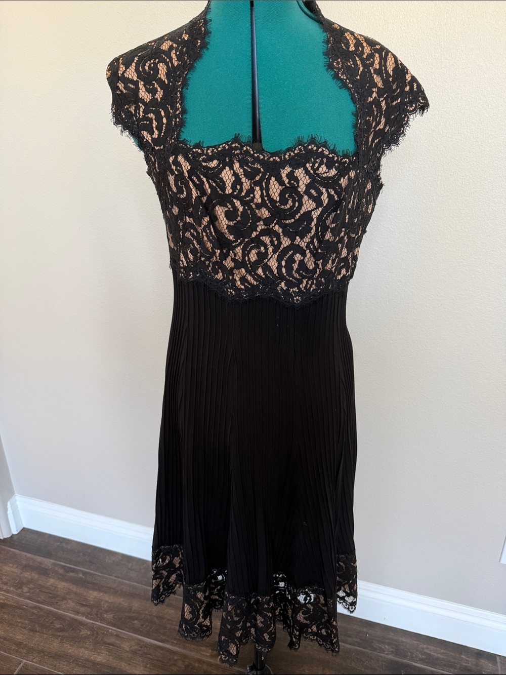 Tadashi Shoji Black Lace and Nude Illusion Midi Dress